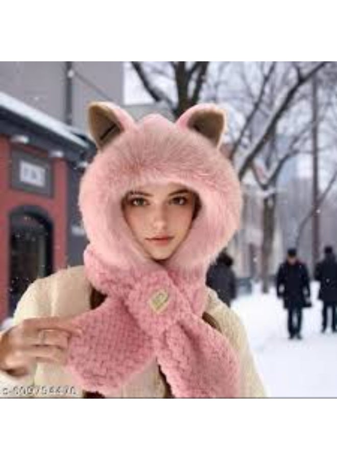 كاب فرو ناعم مع كوفيه مدمج 🐻🤍 أذنين لطيفتين ودفء مثالي للشتاء ❄️🧣 ستايل أنيق ومريح لكل المناسبات! - Image 1